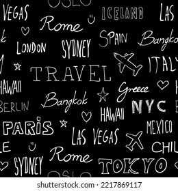 World cities background. Travel destination city names seamless vector pattern. Cool travel doodle texture. White on black.