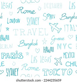 World cities background. Travel destination city names seamless vector pattern. Cool travel doodle texture.