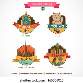 World Cities labels and icons - World Cities labels - Marrakesh, Tokyo, Astana, Dubai,