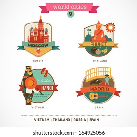 World Cities labels - Moscow, Phuket, Madrid, Hanoi