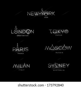 World Cities labels - New York, Milan, Paris, London, Tokyo, Moscow, Sydney. Vector illustration. 
