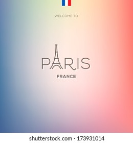 World Cities labels - Paris. Blurred colorful national flag background. Vector illustration. 
