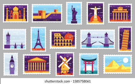 World cities post stamps. Travel postage stamp design, city attractions postcard and town. Monumets post letter stamping, travelling mail stamps. Isolated vector illustration icons set