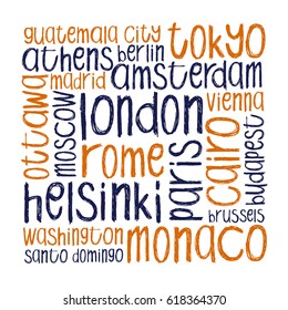 World city capitals vector lettering. Conceptual handwritten background in black and orange font illustration. Word typographic collage. Text for print.