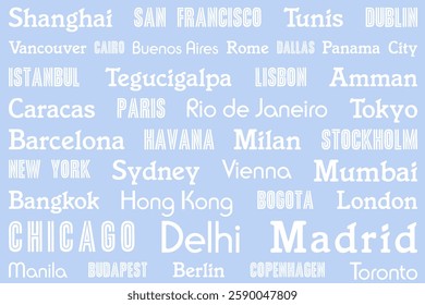 World city names design. Travel destination colorful white blue text concept for a doormat, tablecloth or bedsheet.