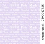 World city names seamless pattern design. Travel destination purple white text concept for a fashion print or product decoration.