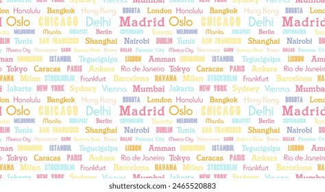 World city names seamless pattern design. Travel destination colorful text concept for a fashion print or product decoration.