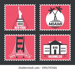 World City Stamps Set Design, Travel Tourism And Tour Theme Vector Illustration