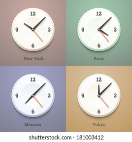 World city time watches on the wall. Vector illustration.