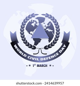 World Civil Defence Day logo with a triangular symbol in the center of a globe surrounded by strings of rice