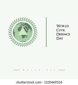World Civil Defence Day with a symbol of rice surrounding the earth and a triangular symbol