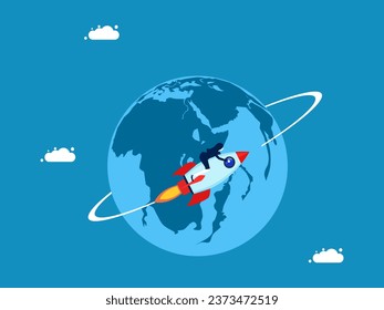 World class innovation. Businesswoman flies in rocket around the world