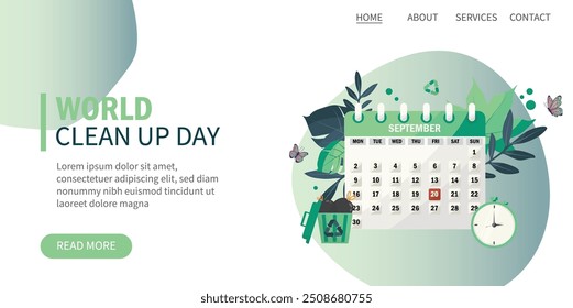 World Clean Up Day web banner with September calendar, eco-friendly theme, green leaves, recycle bin, butterflies, and clock illustration. World clean up day banner. World clean up day illustration