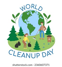 World Cleanup Day holiday design. Volunteers clean up trash against the backdrop of planet earth. Caring for nature. Vector flat illustration for banner, poster, greeting card. 