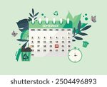 World Cleanup Day illustration. 20 september event. Environmental event. September calendar with eco friendly theme, green leaves, recycle bin, butterflies, and clock illustration. Vector illustration