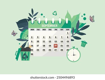 World Cleanup Day illustration. 20 september event. Environmental event. September calendar with eco friendly theme, green leaves, recycle bin, butterflies, and clock illustration. Vector illustration