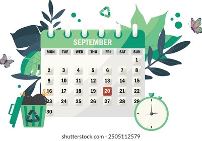 World Cleanup Day illustration. 20 september event. Environmental event. September calendar with eco friendly theme, green leaves, recycle bin, butterflies, and clock illustration. White background