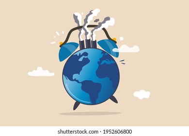 World climate change crisis or global warming alert, time to take care of our world environment concept, planet earth or globe with world map as alarm clock with pollution smoke industry on top.