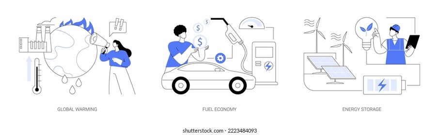 Conjunto de ilustraciones vectoriales del concepto abstracto del impacto climático mundial. Calentamiento global, economía de combustible, almacenamiento de energía, efecto invernadero, motor ecológico, panel solar, metáfora abstracta de turbina eólica.