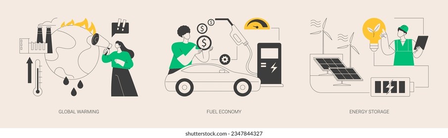 Abstraktes Weltklimaschutzkonzept, Vektorgrafik-Set. Erderwärmung, Kraftstoffverbrauch, Energiespeicherung, Treibhauseffekt, umweltfreundlicher Motor, Solarpaneel, abstrakte Metapher für Windkraftanlagen.