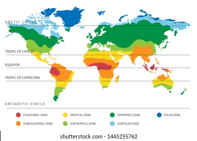 World climate zones map with equator and tropic lines. Vector illustration