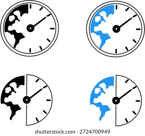 Weltuhrsymbol für globale Zeitsynchronisierung. Minimale Vektorgrafik