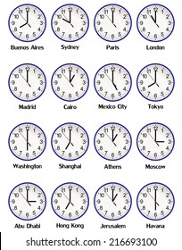 World clock, time difference in major cities on blue office clocks, vector art image illustration, isolated on white background, eps10