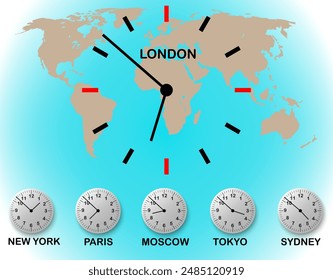 World clocks. newyork paris london moscow tokyo sydney time on watch, international clock design for icon wallpaper background and business. vector illustration.