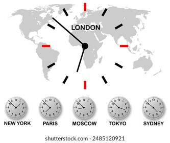 World clocks. newyork paris london moscow tokyo sydney time on watch, international clock design for icon wallpaper background and business. vector illustration.