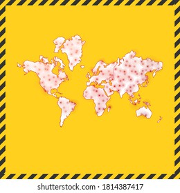 The World closed - virus danger sign. Lock down world icon. Black striped border around map with virus spread concept. Vector illustration.