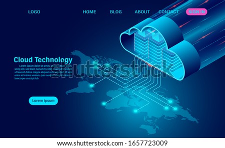 World cloud technology concept. online computing technology. big data flow processing concept on map. isometric flat design vector illustration