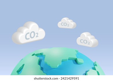 World with CO2 clouds, carbon emissions reduction for sustainable environment. Ecology, climate change, global warming and earth day concept. 3D vector created from graphic software.