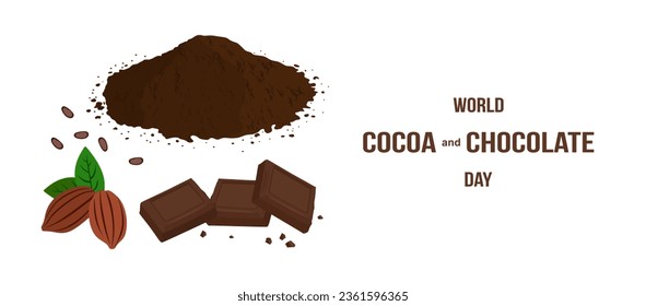 Weltkakao- und Schokoladentag. Flache Illustration von Kakaobohnen mit grünen Blättern. Kakaopulver, Schokoladenpulver. Schokoladenteile, süße Nachspeisen aus schwarzer Schokolade. Vektorgrafik