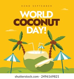 World Coconut Day 2. September Feier Hintergrund, Banner, Social Media Post. Kokosnuss-Tagesbanner mit grünen Kokosnüssen, seinen Bäumen, Sonnenschirmen auf gelbem Hintergrund. 