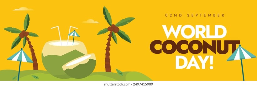 Fondo de la celebración del Día Mundial del Coco 2 de Septiembre, Anuncio de portada, publicación en redes sociales. Anuncio de día de coco con cocos verdes, sus árboles, sombrillas de playa sobre fondo amarillo. 