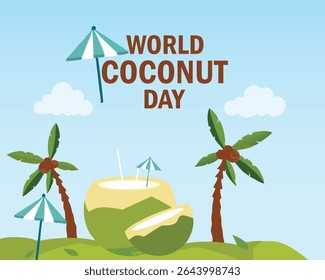 World Coconut day 2nd Sept celebration background, cover banner, social media post. Coconut day banner with green coconuts, 