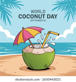 World Coconut day 2nd Sept celebration background, cover banner, social media post. Coconut day banner with green coconuts,	