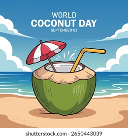 Dia Mundial do Coco 2 de setembro, fundo da celebração, faixa de capa, postagem nas mídias sociais. Banner de coco com cocos verdes,	