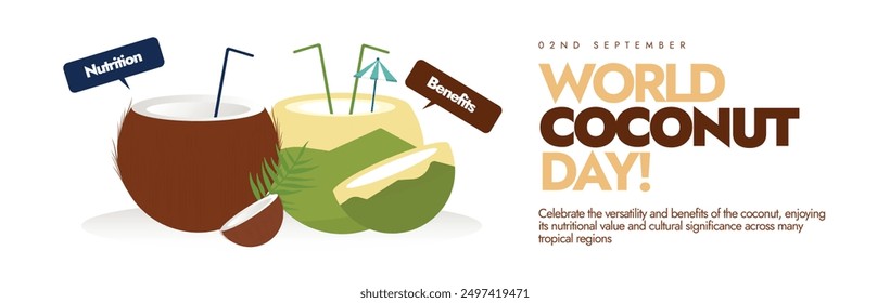 World Coconut Day. 2nd September Coconut day celebrations cover banner, post with green and brown coconuts. The day focuses on coconuts importance in various aspects of life. Conceptual banner.