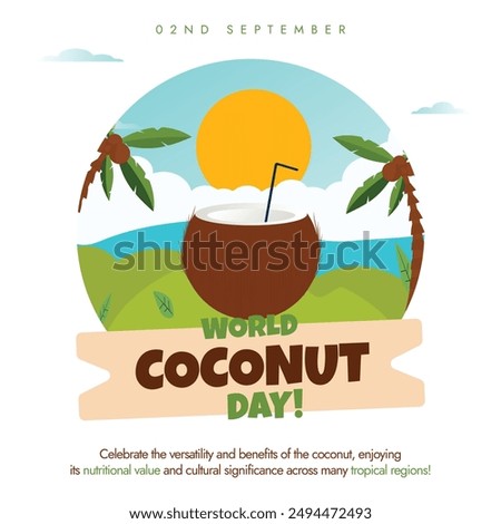 World Coconut Day. 2nd September Coconut day celebrations banner, post with coconut vector, its trees with a beach view. The day highlights the importance of its farming for sustaining livelihoods