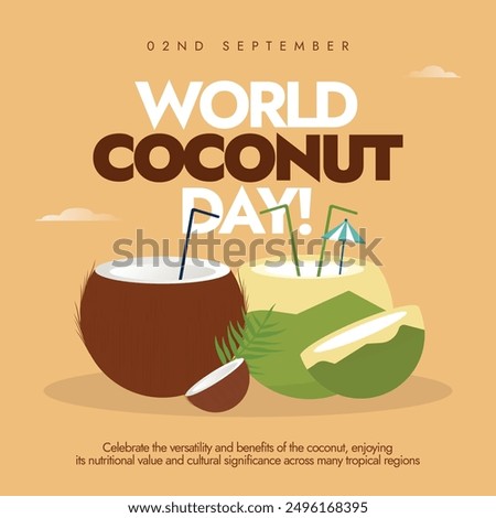 World Coconut Day. 2nd September Coconut day celebrations banner, social media post with green and brown coconuts. The day focuses on coconuts importance in various aspects of life. Conceptual banner.