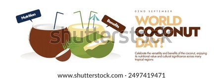 World Coconut Day. 2nd September Coconut day celebrations cover banner, post with green and brown coconuts. The day focuses on coconuts importance in various aspects of life. Conceptual banner.