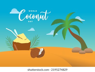 World coconut day background banner poster with coconut and tree on beach on September 2.