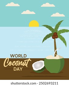 World coconut day background banner poster with coconut on beach on September 2.