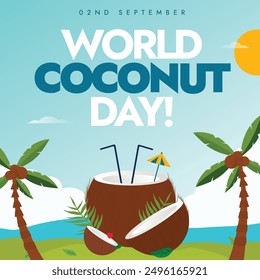 World Coconut Tag Banner, Hintergrund, Post-Vorlage. 2. Sept Kokosnuss-Tag-Banner mit Kokosnüssen und seinen Bäumen mit Blick auf den Strand. Der Tag fördert seine Bedeutung in Bezug auf Leben, Wirtschaft, Gesundheit.