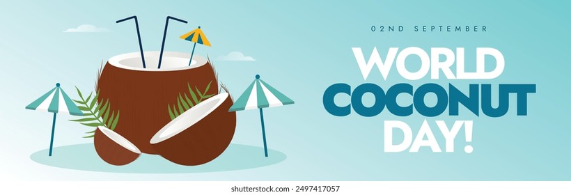 World Coconut day banner, background, post template. 2nd Sept coconut day cover banner with coconut and its trees with a beach view. The day promotes its importance in aspects of life, economy, health