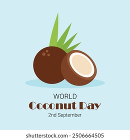 World Coconut day banner, background, post template. 2nd Sept coconut day banner with coconuts and its trees with a beach view. The day promotes its importance in aspects of life, economy, health.