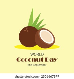 World Coconut day banner, background, post template. 2nd Sept coconut day banner with coconuts and its trees with a beach view. The day promotes its importance in aspects of life, economy, health.