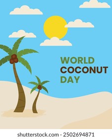 World coconut day. Beach side view with coconut trees, sun and clouds isolated on background. Coconut day poster design. 