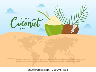 World coconut day with earth globe map and two coconuts on september 2.
